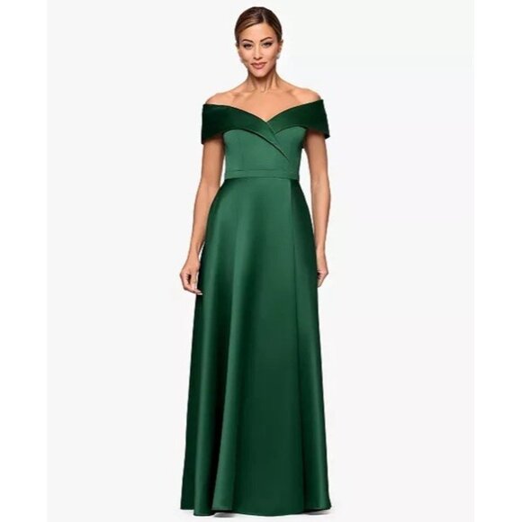 Xscape Size 6 Green Off the Shoulder Satin Front Slit Formal Gown Cocktail Dress - Picture 2 of 13
